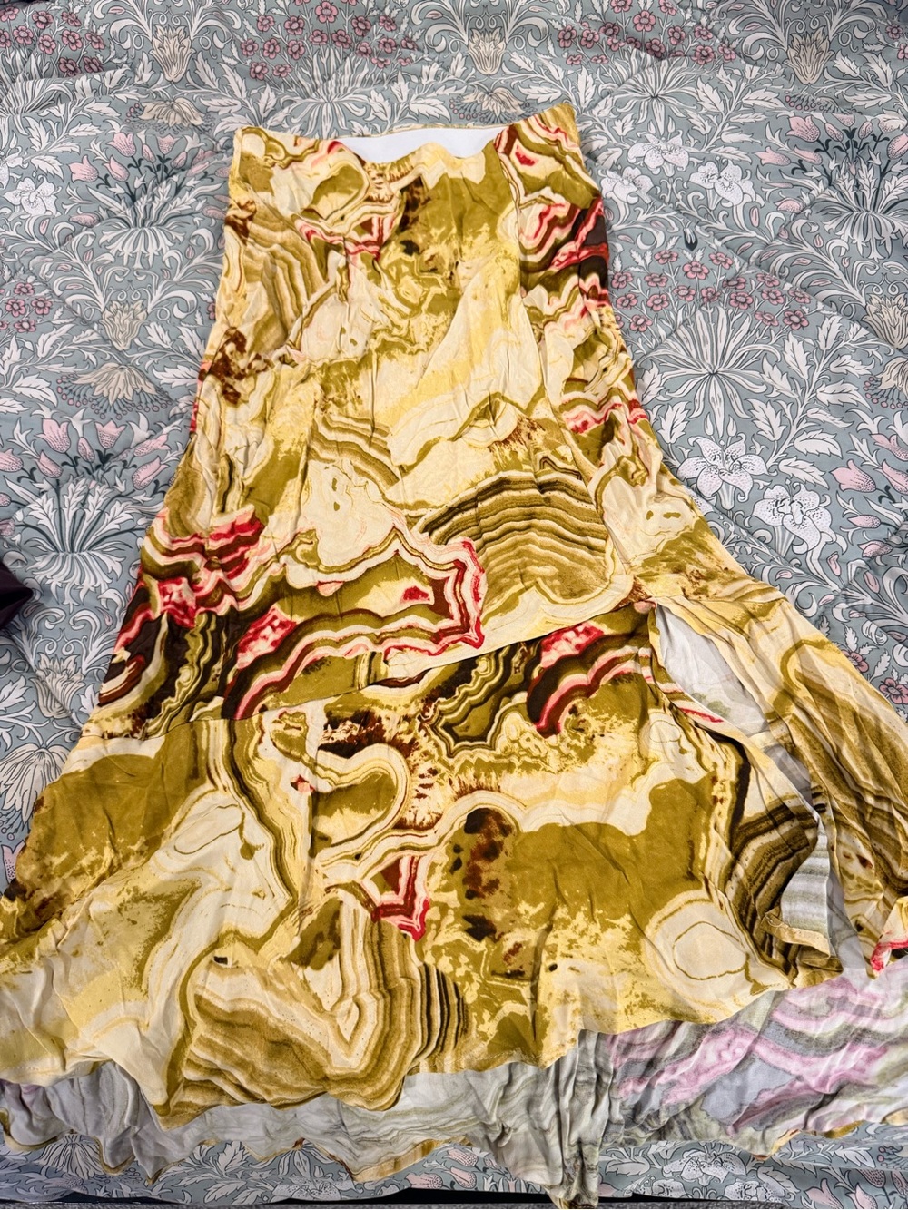Anthropologie Yellow Marble-Print Circle Skirt with Pink & Brown Accents
